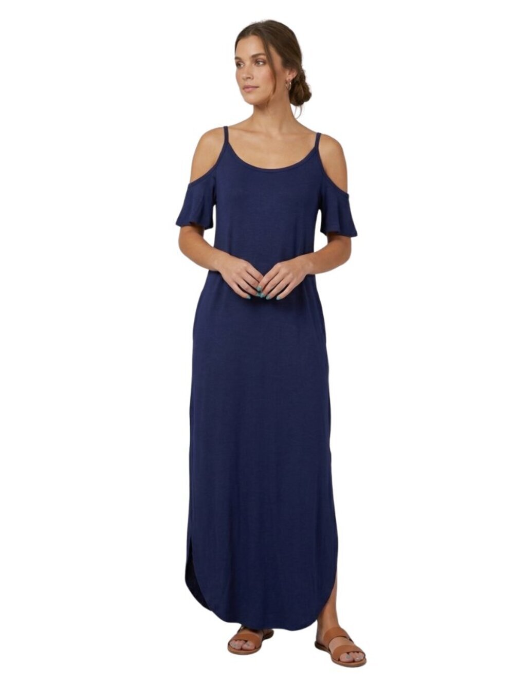 NWT | Navy Blue Cold Shoulder Flutter Sleeve Maxi Dress with Side Slits | Small